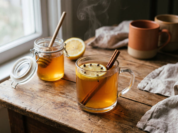 A clear glass mug of hot toddy on a warm wooden table, amber liquid lightly steaming, a clove-studded lemon wheel floating on top and a cinnamon stick resting in the glass
