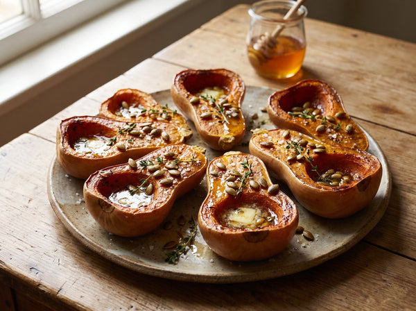 Overhead-angled food photograph of eight roasted honeynut squash halves on a rustic ceramic platter, cut sides up, deeply caramelized bronze edges with a glossy honey butter glaze pooling in the seed cavities, scattered toasted pe
