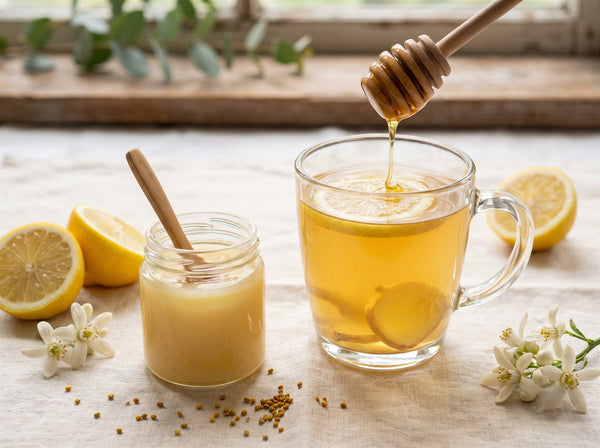 Glass mug of warm royal jelly honey lemon tonic beside an open jar of royal jelly