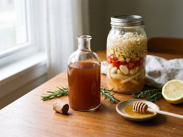 A clear glass bottle of deep amber fire cider on a warm wooden table, cork stopper beside it, with a half-gallon mason jar of grated horseradish, ginger, sliced red chilies, garlic cloves and onion steeping in apple cider vinegar 