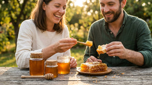 Amber raw honey jars and dripping honeycomb chunk on rustic wood, backlit golden sunlight