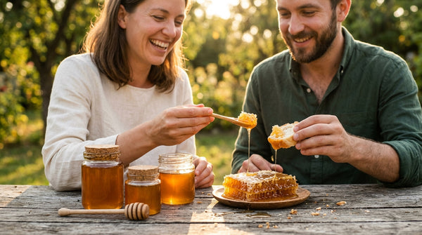 Amber raw honey jars and dripping honeycomb chunk on rustic wood, backlit golden sunlight