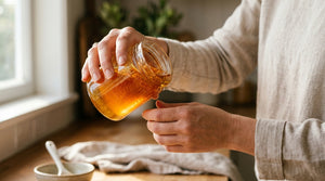 Close-up hands tilting glass jar of thick amber manuka honey catching sunlight