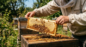 Beekeeper's hands lifting a golden honeycomb frame dripping raw honey in sunlight