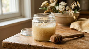 Close-up of a glass jar of raw honey showing soft white crystallized texture, wooden dipper resting beside it