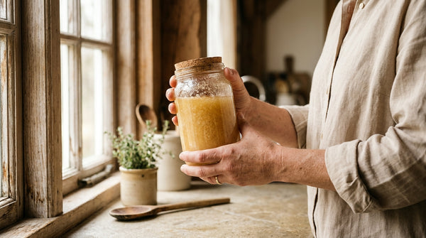 Hands holding a glass jar of cloudy, crystallized Orange Blossom honey near sunlit farmhouse kitchen window