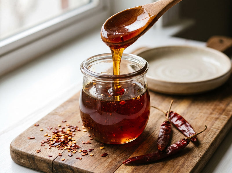 A small clear glass jar of finished chili-infused hot honey, deep glossy amber with faint red chili flecks suspended in it, a spoon lifting a slow ribbon of honey above the jar