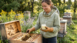 Beekeeper holds glass jar of pale fresh royal jelly beside open hive frames outdoors