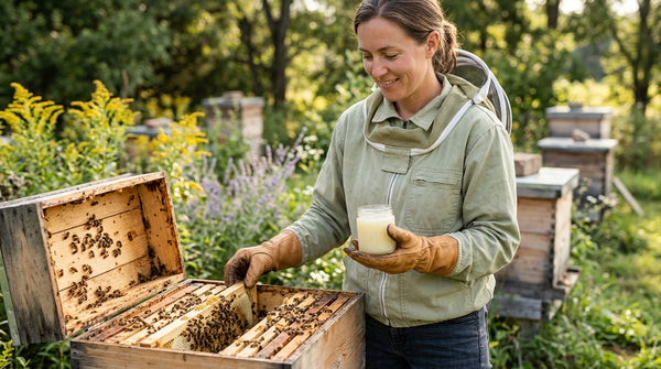 Beekeeper holds glass jar of pale fresh royal jelly beside open hive frames outdoors