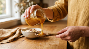 Hands pouring thick raw manuka honey from a glass jar onto a wooden spoon