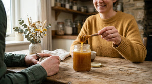 Glass jar of raw Manuka honey on rustic farmhouse table with wooden dipper