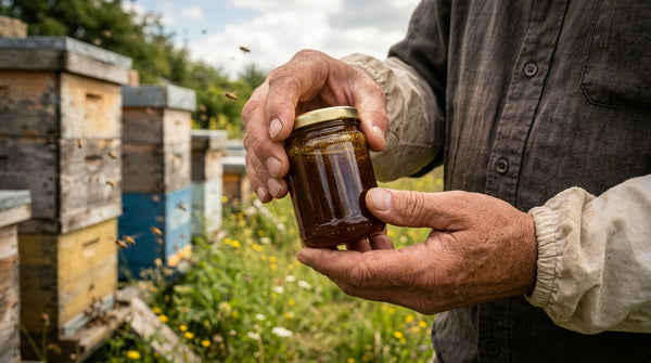 Close-up of hands holding an amber glass jar of manuka honey near apiary hives