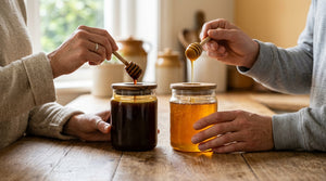 Two glass jars side by side, dark manuka honey and golden raw honey, dripping wooden dippers