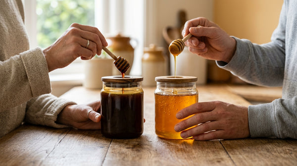 Two glass jars side by side, dark manuka honey and golden raw honey, dripping wooden dippers