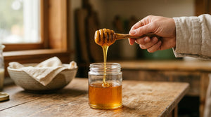 Golden honey drizzling in a thick ribbon from a wooden dipper into a glass jar