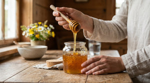 Wooden dipper lifting thick raw honey from glass jar on rustic farmhouse table