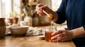 Sunlit kitchen counter with a jar of thick amber raw honey, wooden dipper drizzling slowly