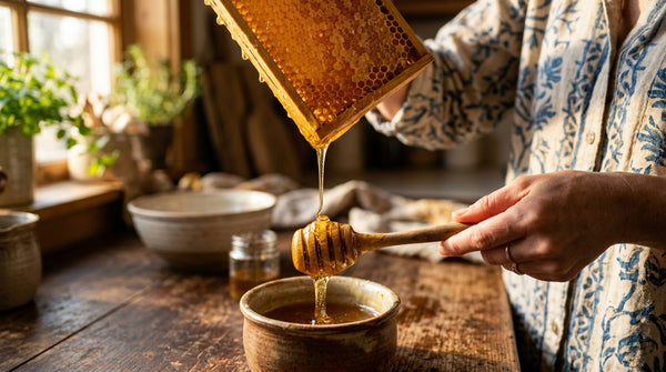Golden honeycomb dripping raw honey onto a wooden dipper, sunlight streaming through