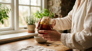 Hand tilting a jar of dark amber Manuka honey toward soft natural window light