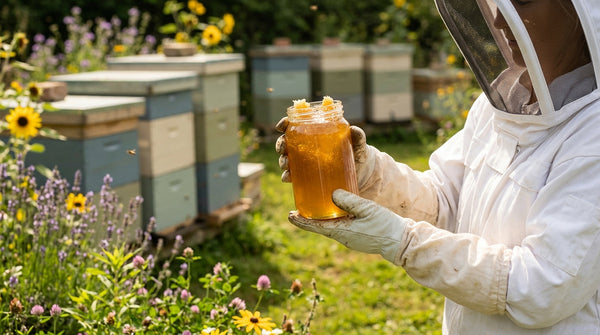 Beekeeper in veiled suit holds glass jar of golden raw honey above sunlit apiary hives