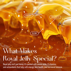 Illustration of royal jelly with labeled benefits and a glass container.