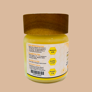 Royal Jelly Limited label - moisture 65%, acidity 3.7pH, protein 17g, suggested use